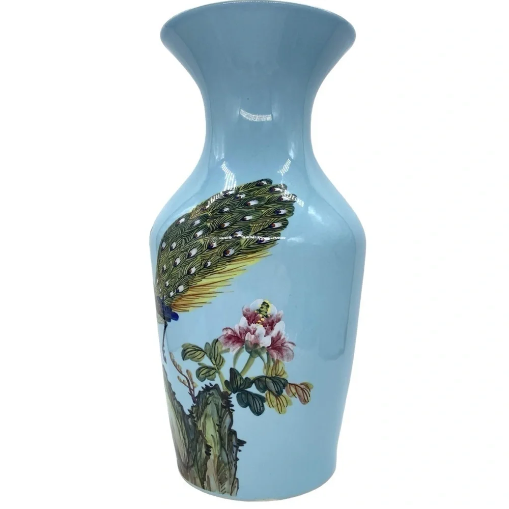 Vintage Taiwan Rocporcelain Peacock Hand Painted Large Floor Vase